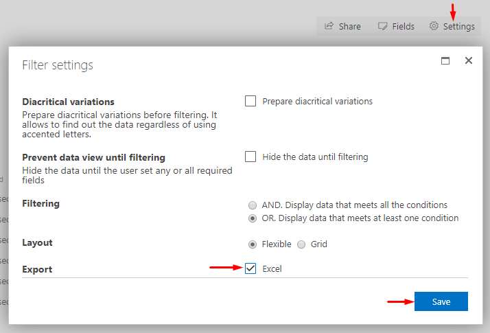 SharePoint List Filter settings dialog