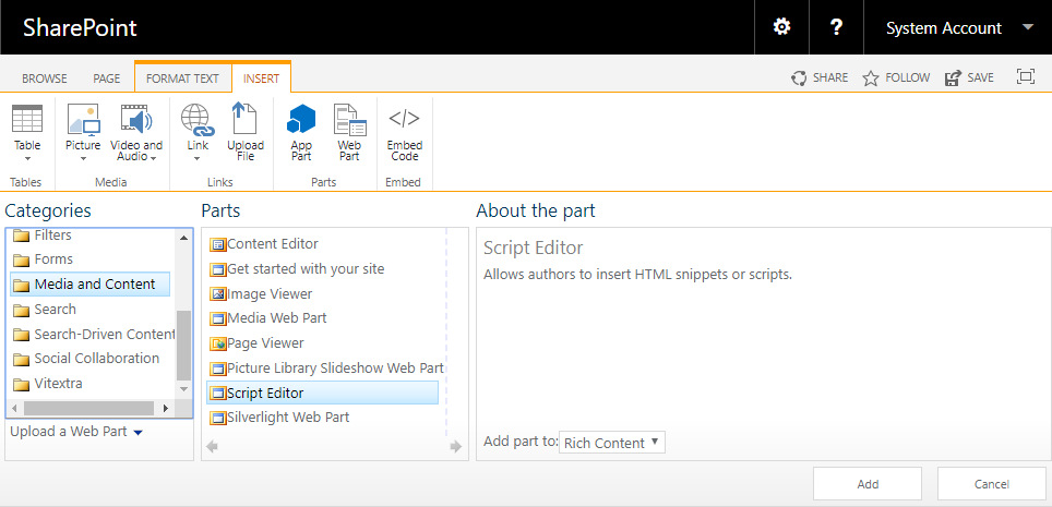 Adding Script Web Part to SharePoint Page