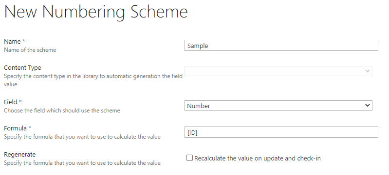 Numbering scheme form