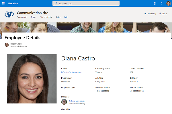 Employee Details and Employee Picture web parts on modern SharePoint page