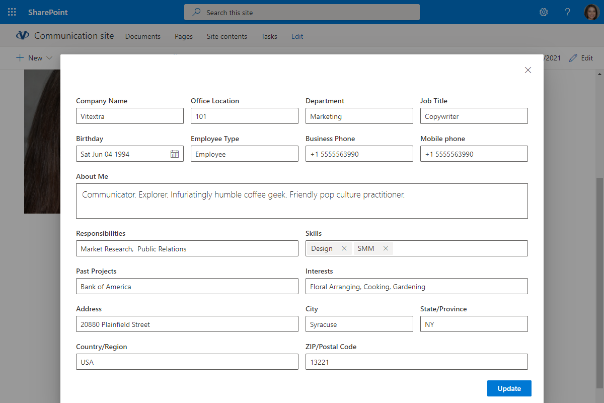 User Profile Update Dialog on SharePoint site
