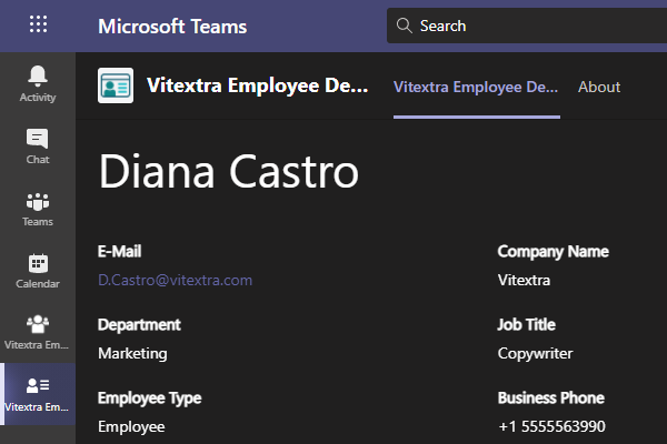 Vitextra Employee Details. Microsoft Teams Integration