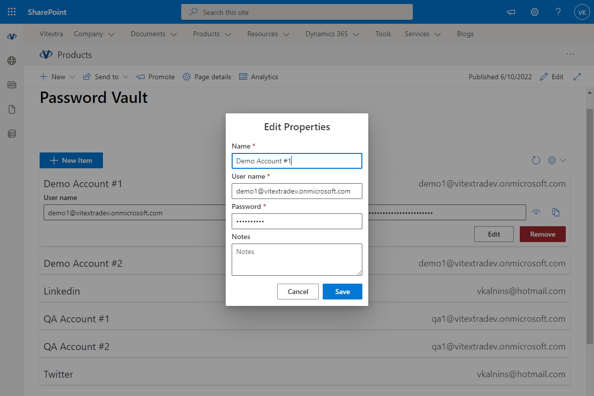 Password Vault for SharePoint Online