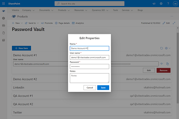 Password Vault для SharePoint Online